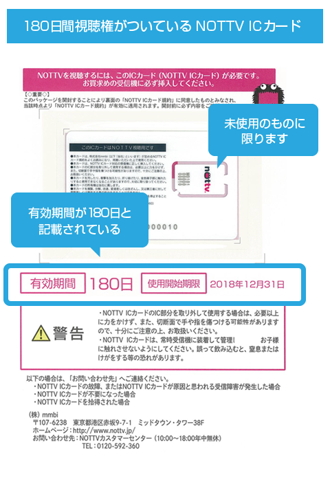 180日間視聴権がついている NOTTV ICカード画像(未使用かつ有効期限が180日と記載されているものは対象です)