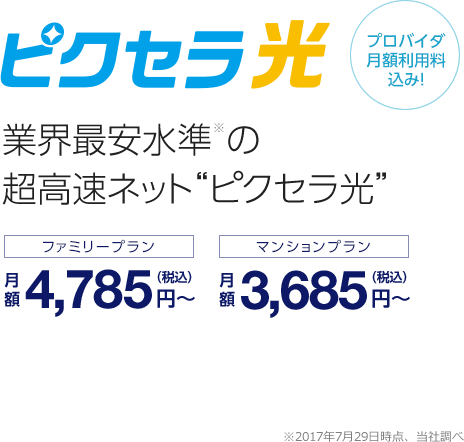 ピクセラ光 業界最安水準※の超高速ネット”ピクセラ光”