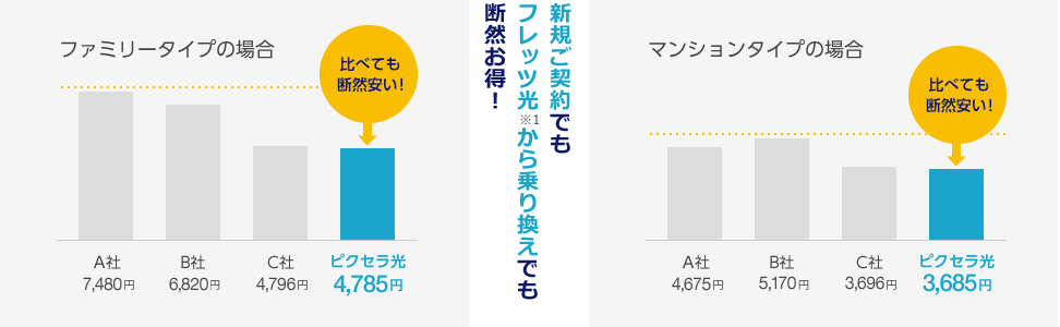 新規ご契約でもフレッツ光※1から乗り換えでもでも断然お得から乗り換えでもでも断然お得！ ファミリータイプの場合 マンションタイプの場合