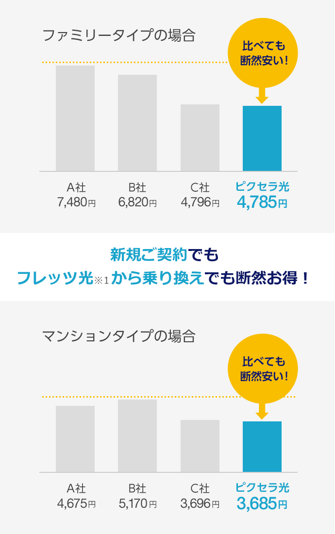 新規ご契約でもフレッツ光※1から乗り換えでもでも断然お得！ ファミリータイプの場合 マンションタイプの場合