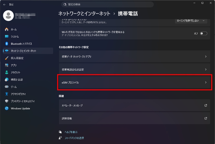 図:携帯電話設定画面のeSIMプロファイル項目