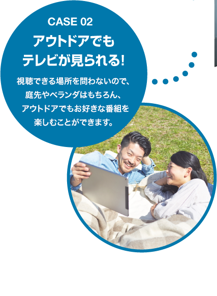 Case02 アウトドアでもテレビが見られる！視聴できる場所を問わないので、庭先やベランダはもちろん、アウトドアでもお好きな番組を楽しむことができます。